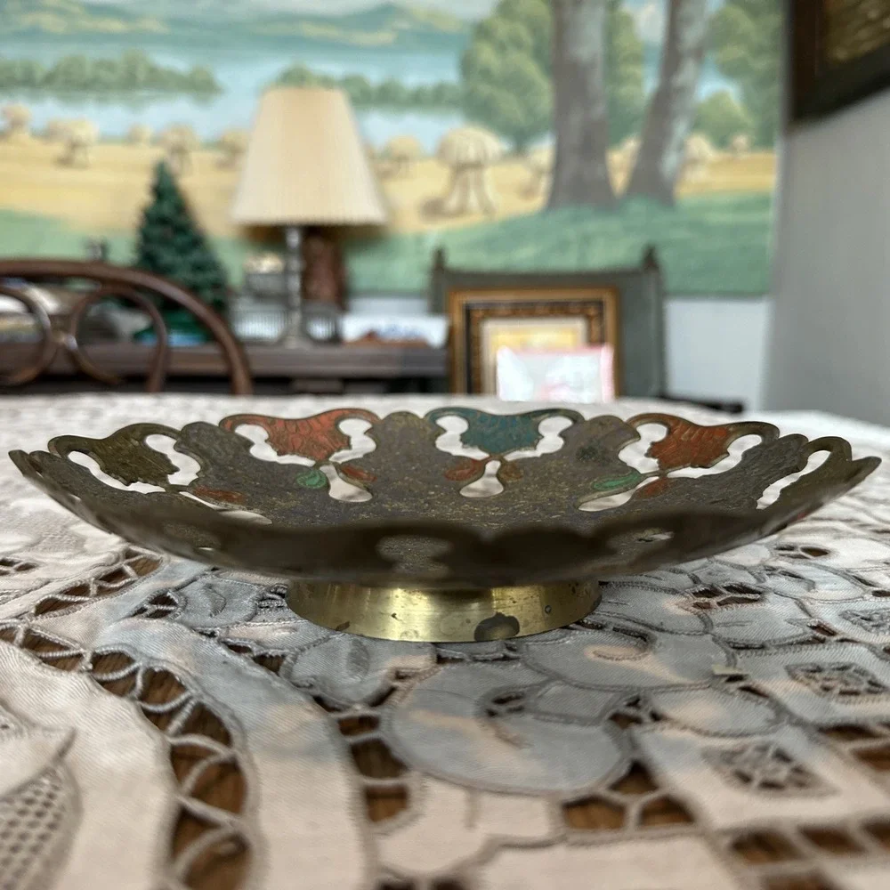 Vintage 1950's Brass Enameled Openwork Bowl Plant Stand From India